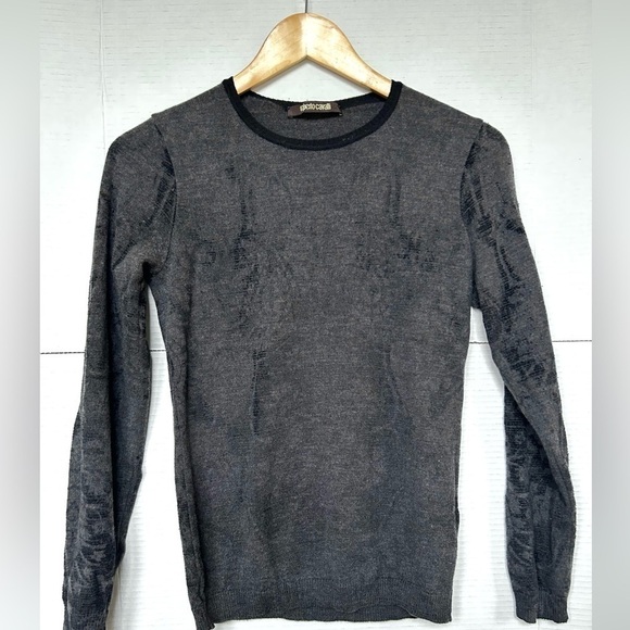 Roberto Cavalli  Lana wool grey sweater size 40 grey black print made in Italy - Picture 2 of 9